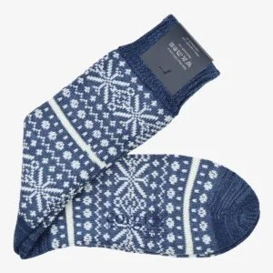 Corgi blue merino wool socks with white Fair Isle pattern