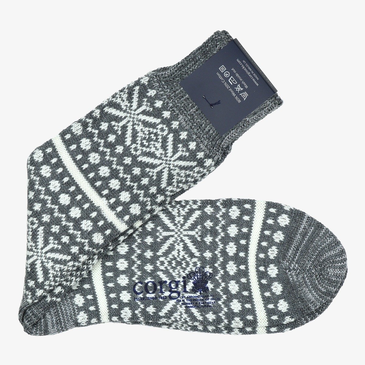 Corgi grey merino wool socks with white Fair Isle pattern