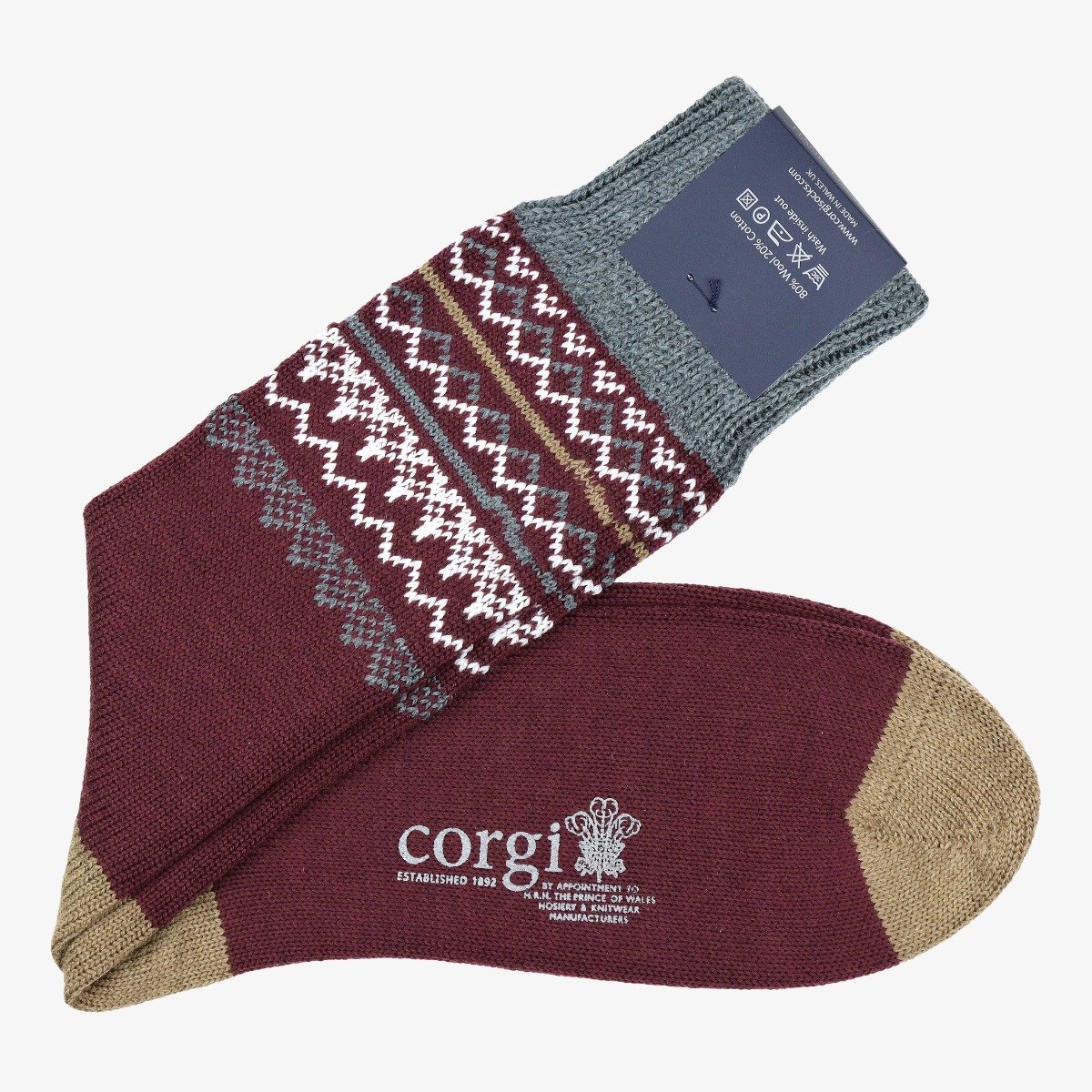 Corgi Blue Merino Wool Socks With White Fair Isle Pattern - The Noble Dandy