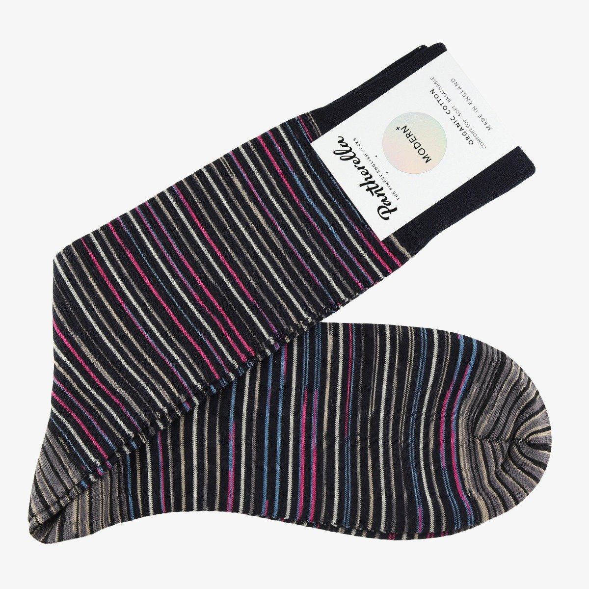 Pantherella Atolla navy fuchsia multi stripe space dye socks
