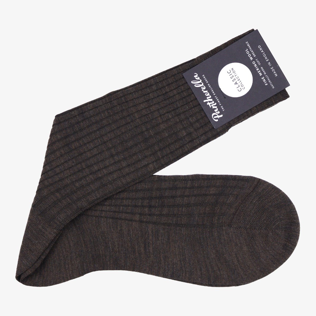 Pantherella Laburnum dark brown ribbed merino wool men's socks