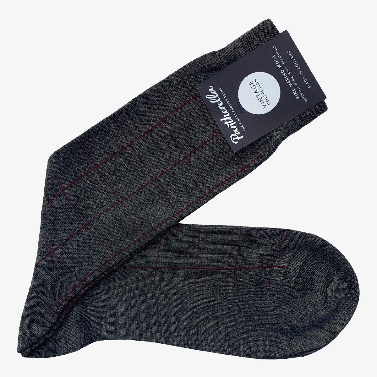 Pantherella Westleigh dark grey windowpane merino wool mid-calf socks