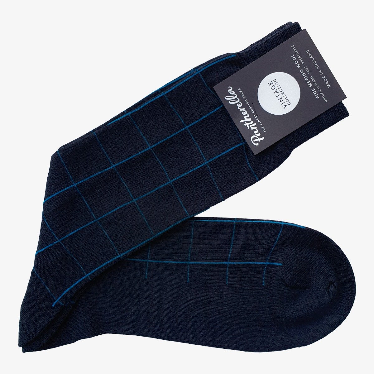 Pantherella Westleigh navy windowpane merino wool men's socks