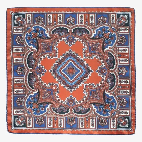 Serà Fine Silk Barolo Leather orange and blue silk pocket square