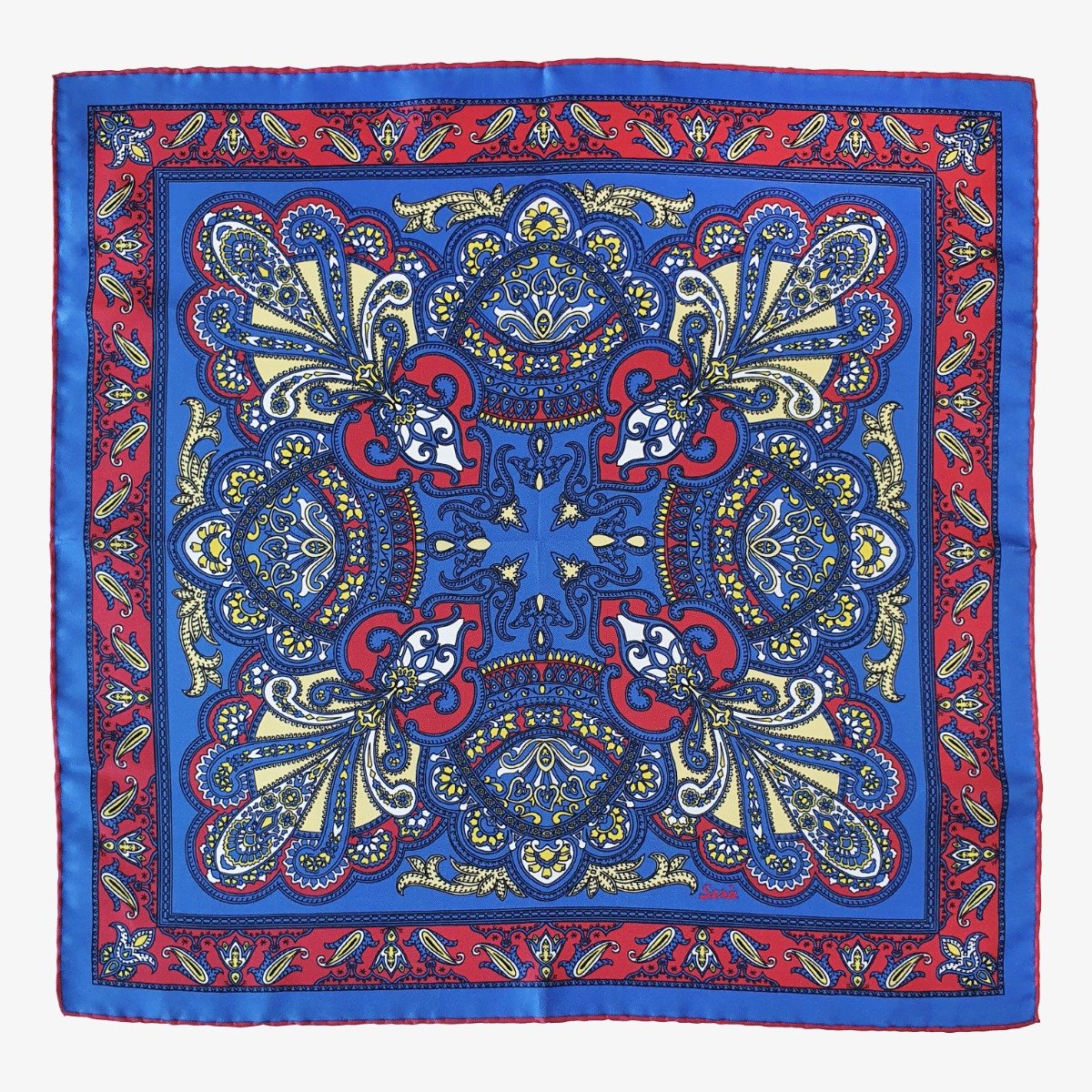 Serà Fine Silk Burano blue and red silk pocket square