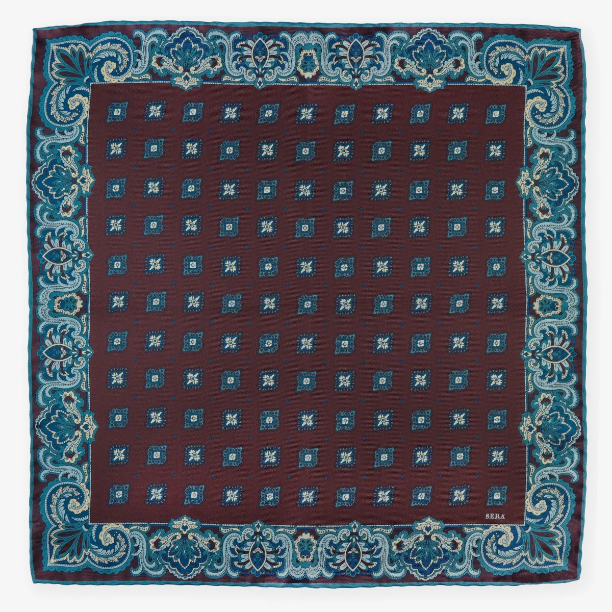 Serà Fine Silk Elleboro burgundy blue silk pocket square