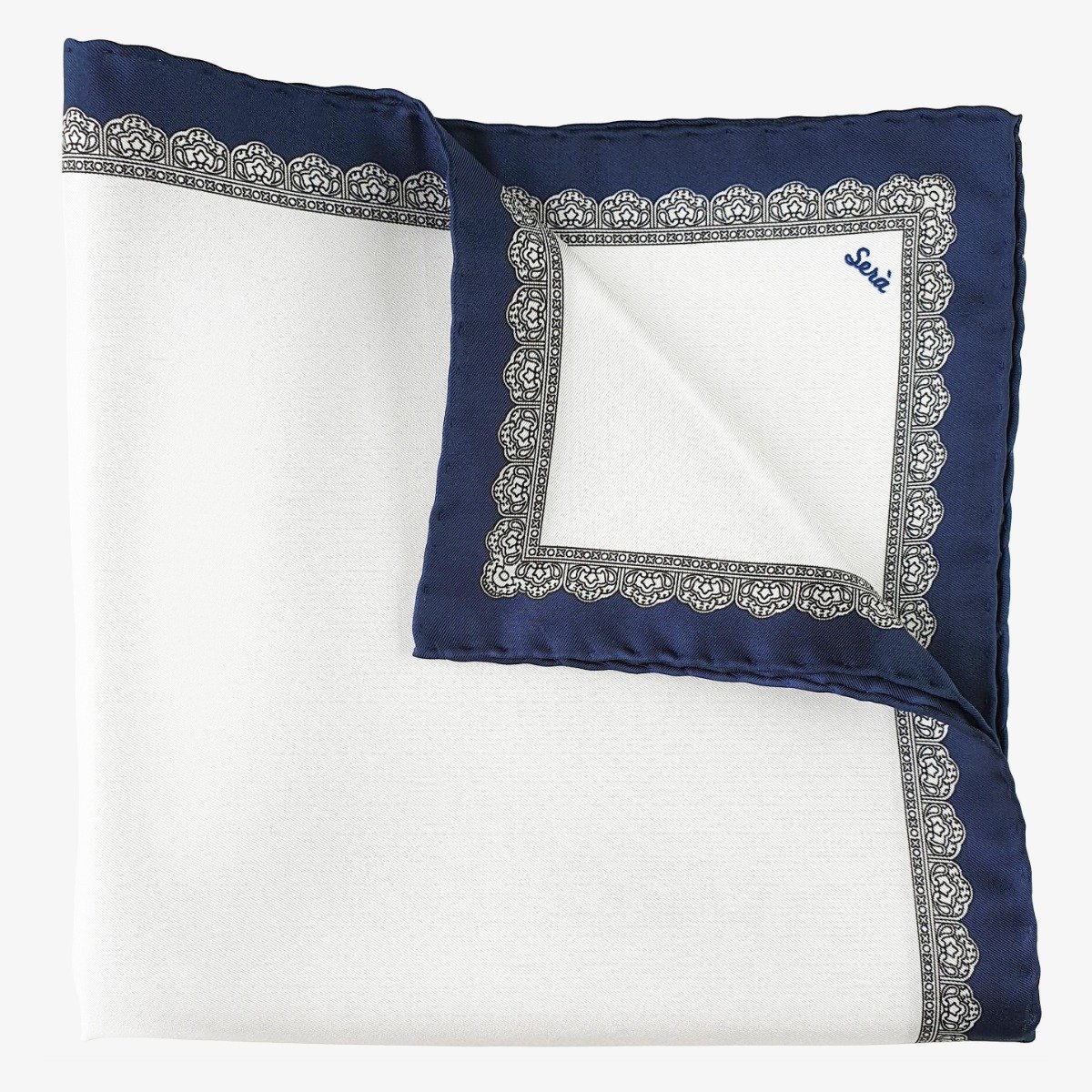 Serà Fine Silk balta su mėlynais kraštais šilkinė švarko nosinaitė