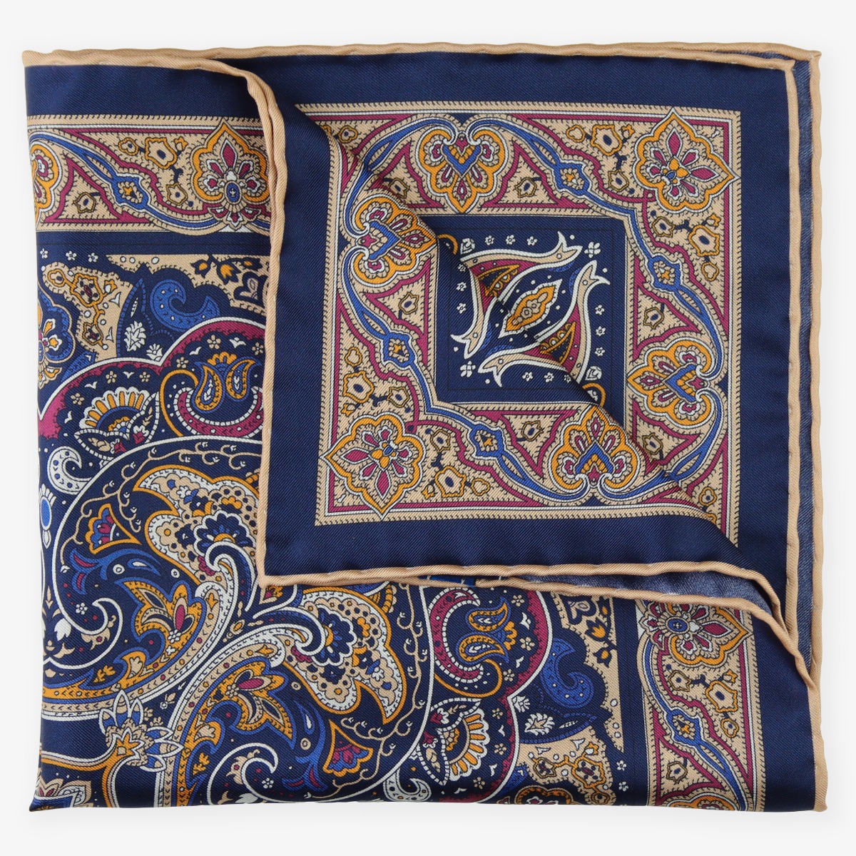 Serà Fine Silk Manarola navy orange silk pocket square