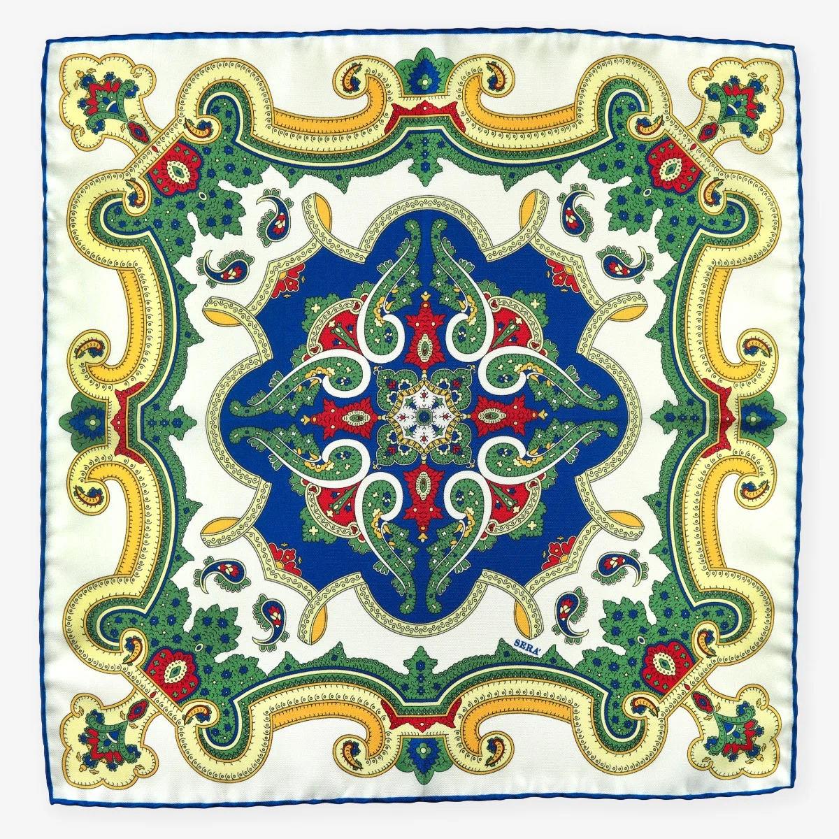 Serà Fine Silk Prickly Pear green blue yellow silk pocket square