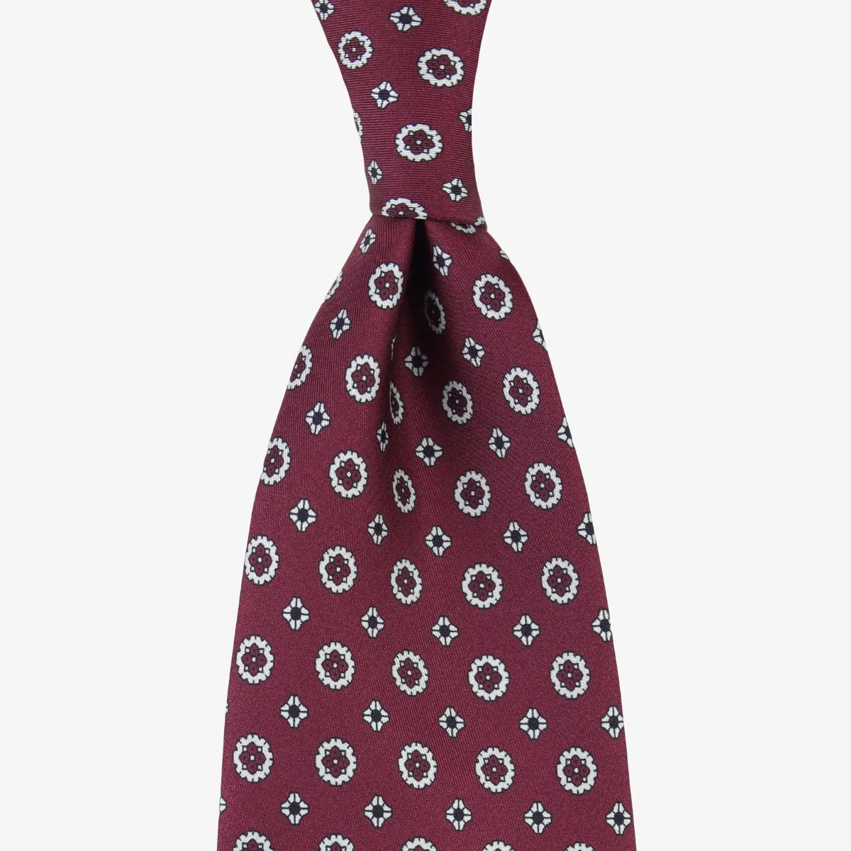 Serà Fine Silk tamsiai raudonas šilkinis kaklaraištis su pilkų gėlių raštu
