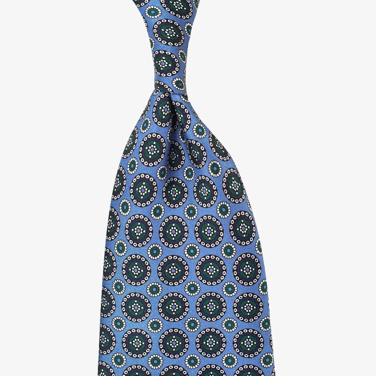 Serà Fine Silk light blue silk tie with green circle pattern
