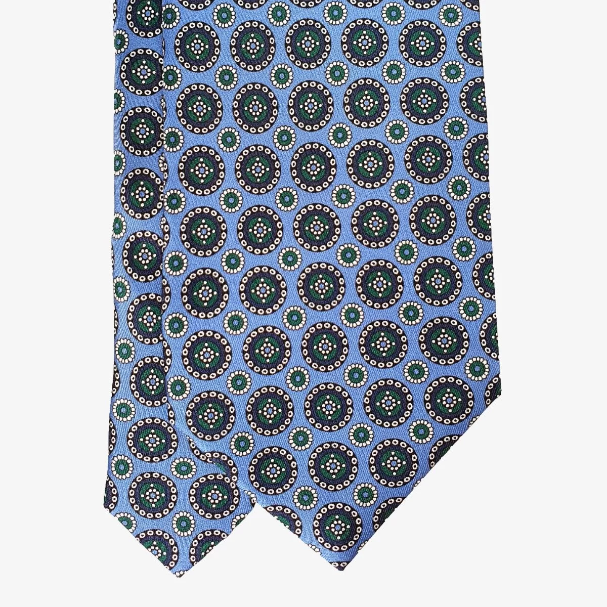 Serà Fine Silk light blue silk tie with green circle pattern