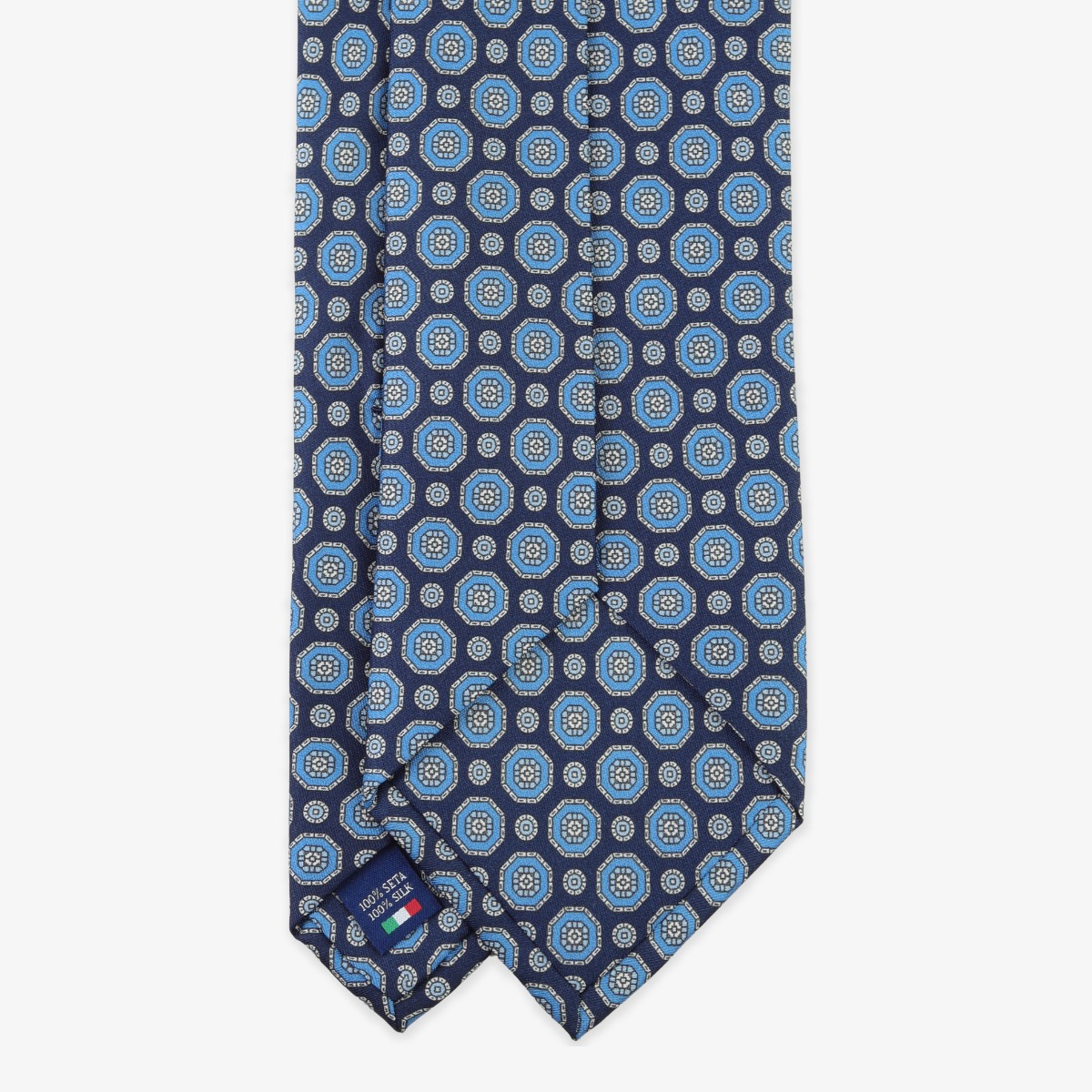 Serà Fine Silk navy silk tie with blue medallion pattern