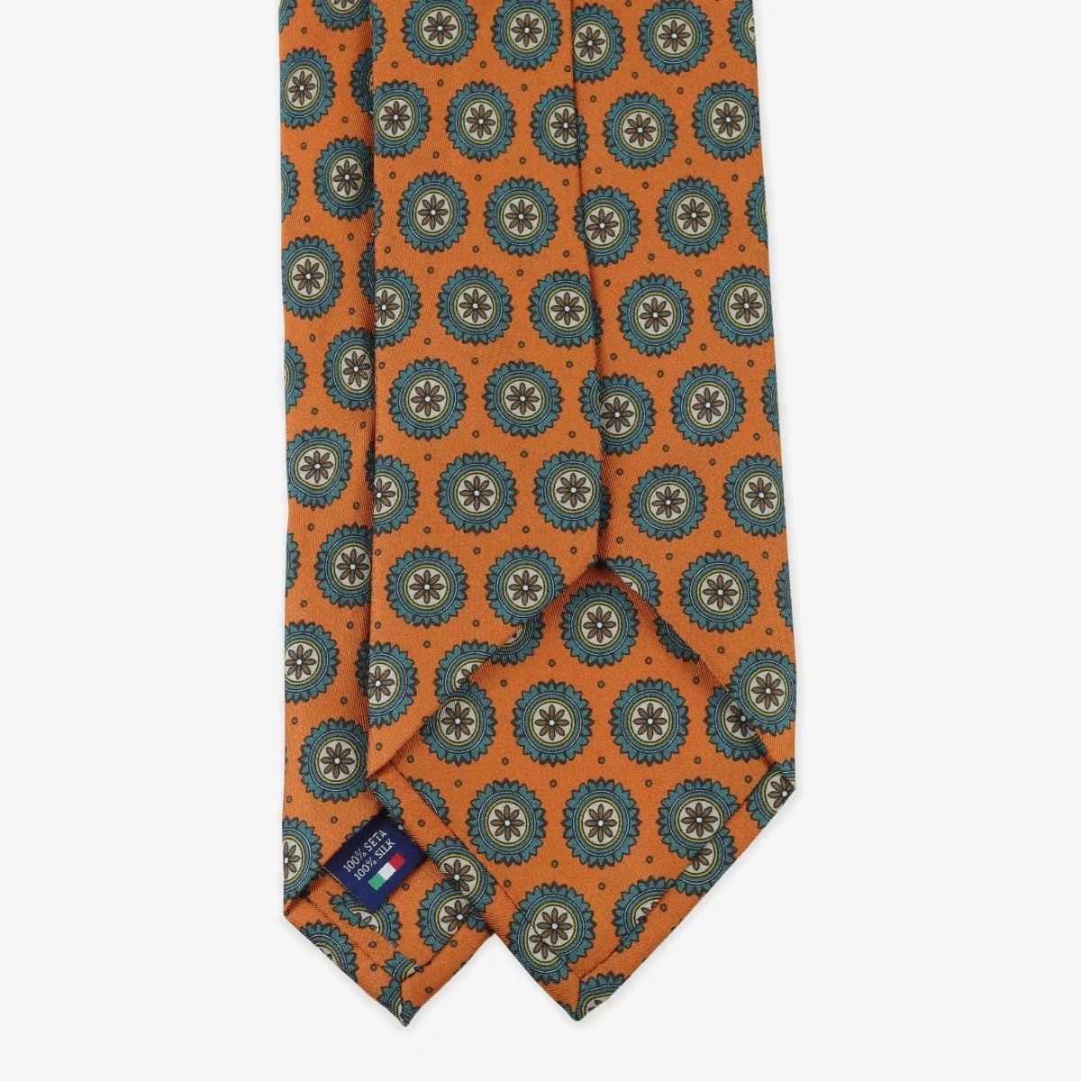 Serà Fine Silk orange silk tie with teal medallion pattern