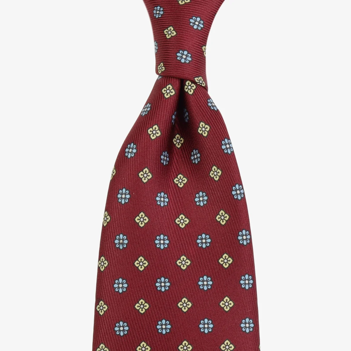 Shibumi Firenze raudonas šilkinis kaklaraištis su mėlynų ir geltonų gėlių raštu