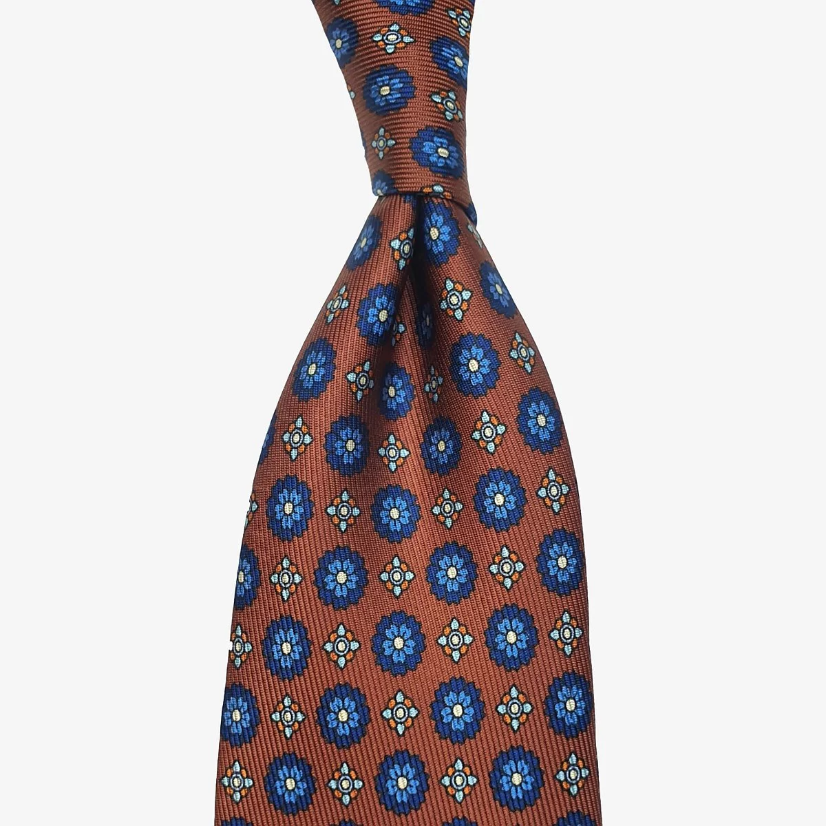 Shibumi Firenze 7-fold oak brown silk tie with blue floral pattern