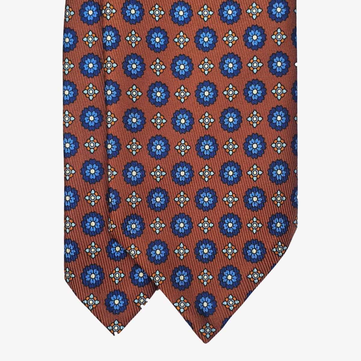 Shibumi Firenze 7-fold brown silk tie with blue flowers