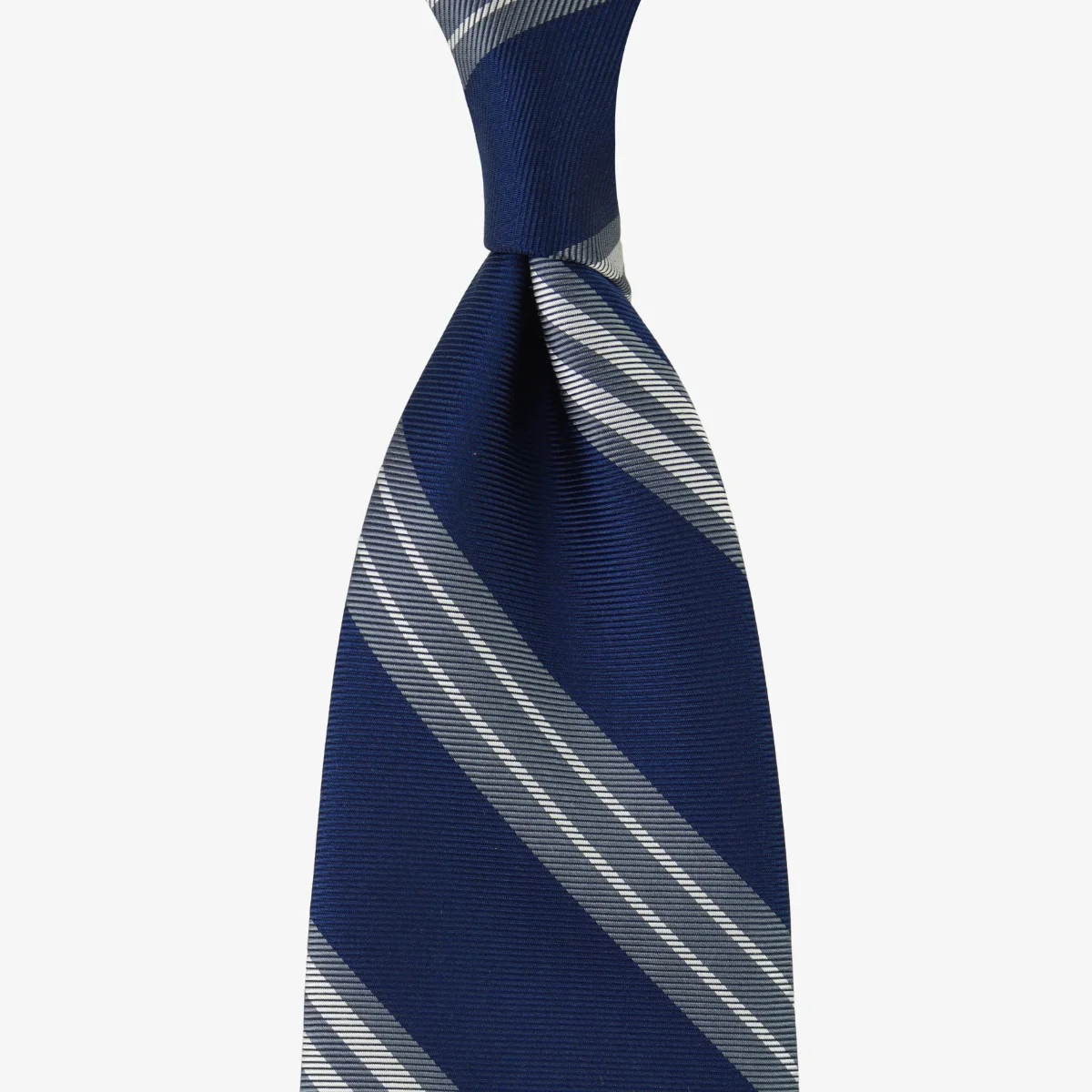 Shibumi Firenze tamsiai mėlynas ir pilkas dryžuotas Japoniško šilko kaklaraištis