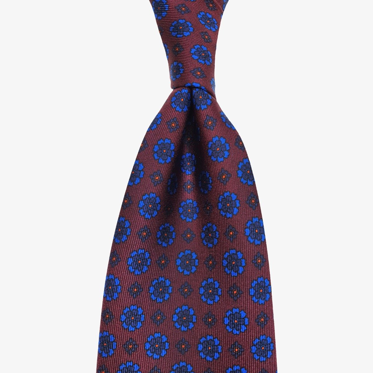 Shibumi Firenze burgundy ancient madder silk tie with blue floral pattern