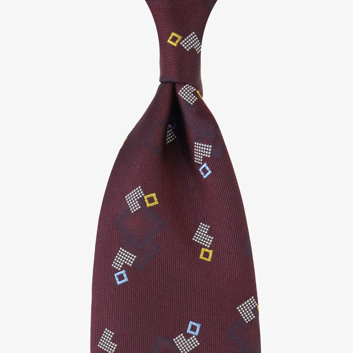 Shibumi Firenze tamsiai raudonas Japoniško šilko kaklaraištis su geometriniu raštu