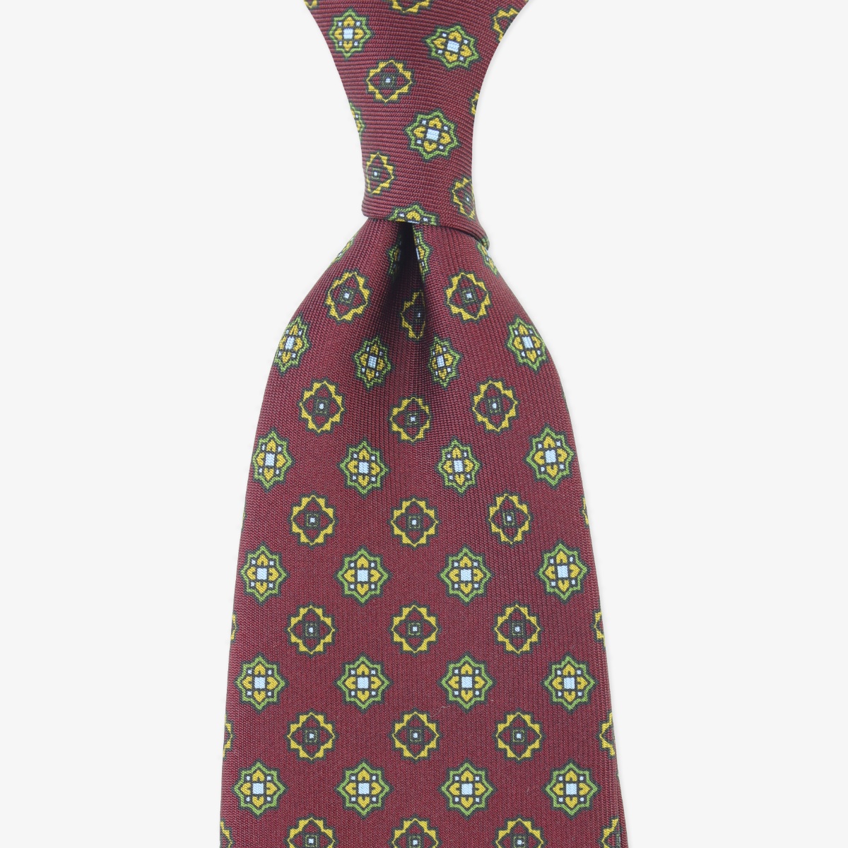 Shibumi Firenze burgundy silk tie with green and yellow floral pattern
