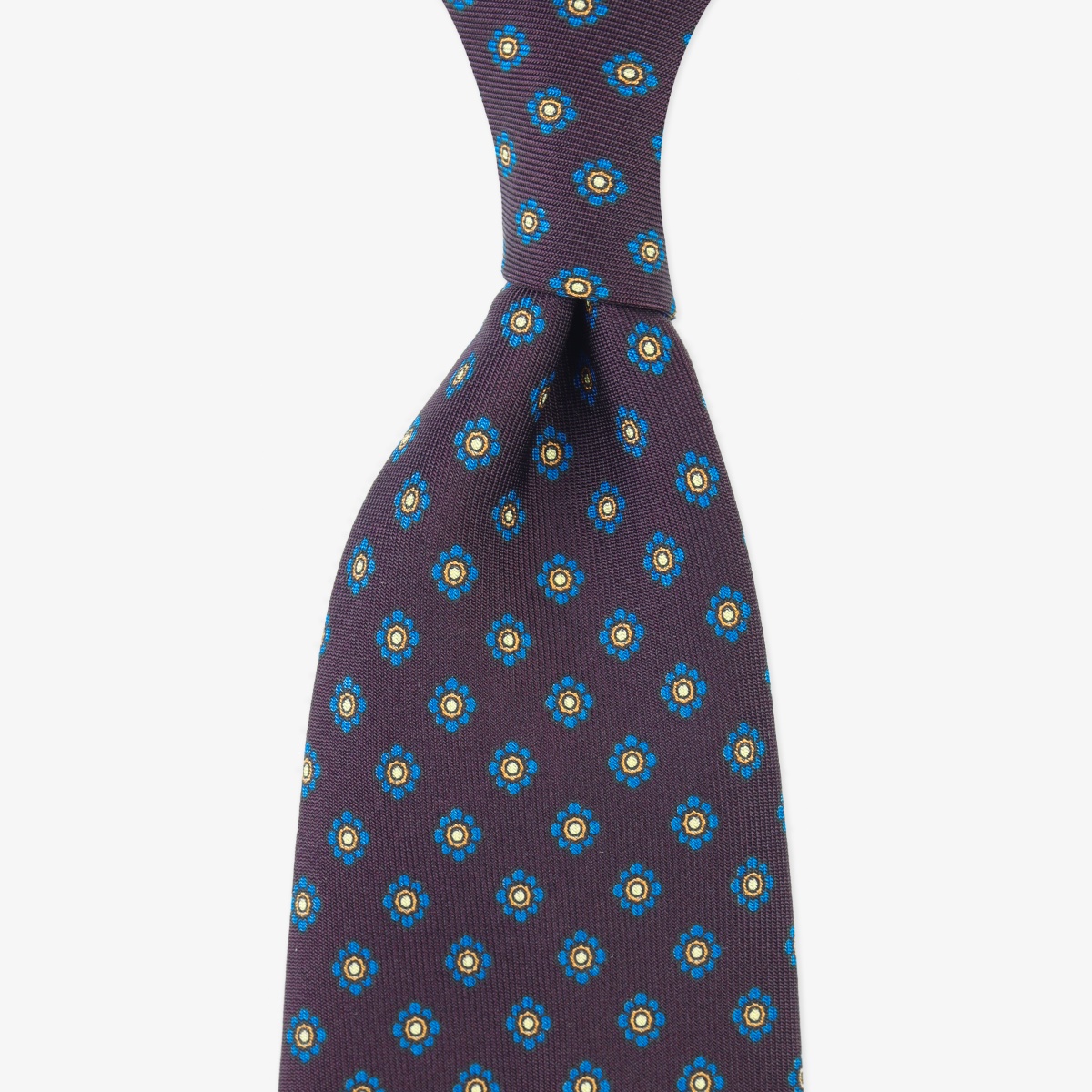 Shibumi Firenze eggplant silk tie with yellow floral pattern