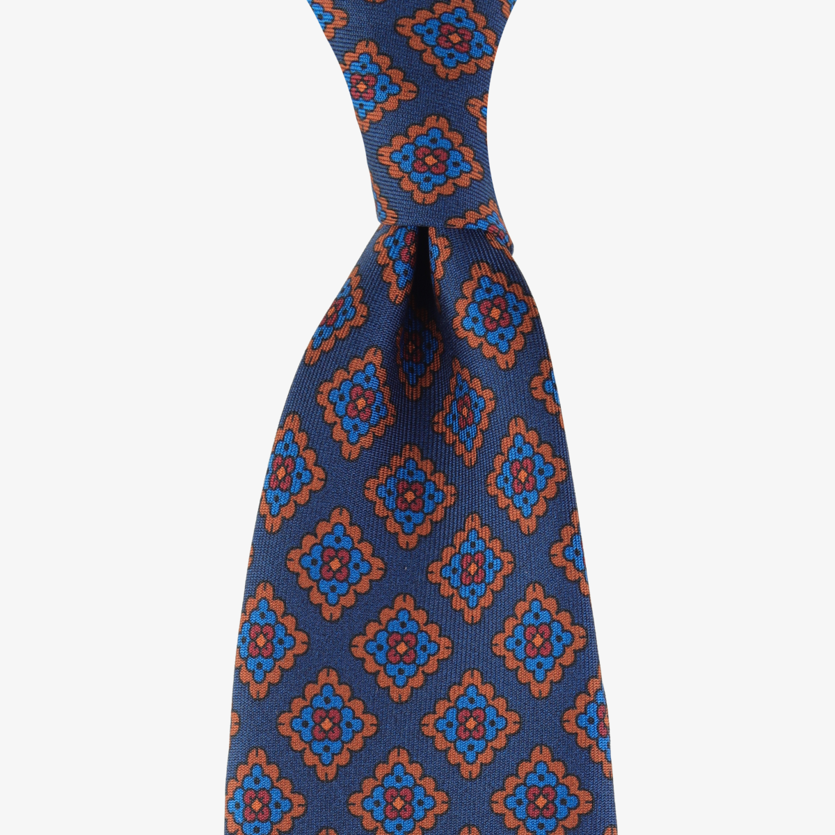 Shibumi Firenze navy ancient madder silk tie with orange and blue square pattern