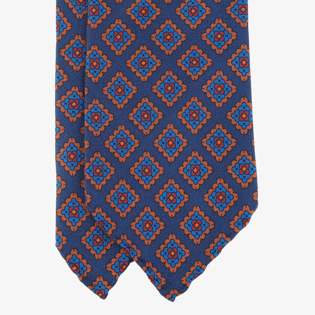 Shibumi Firenze navy ancient madder silk tie with orange and blue square pattern