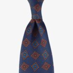 Shibumi Firenze navy ancient madder silk tie with orange and blue square pattern II