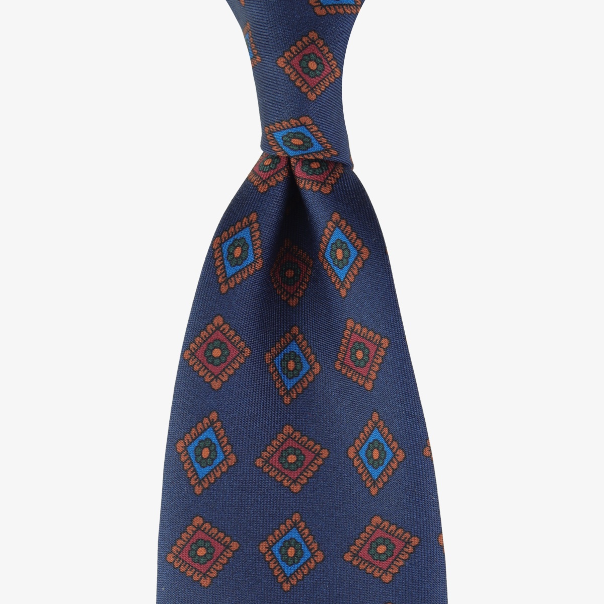 Shibumi Firenze navy ancient madder silk tie with orange and blue square pattern II