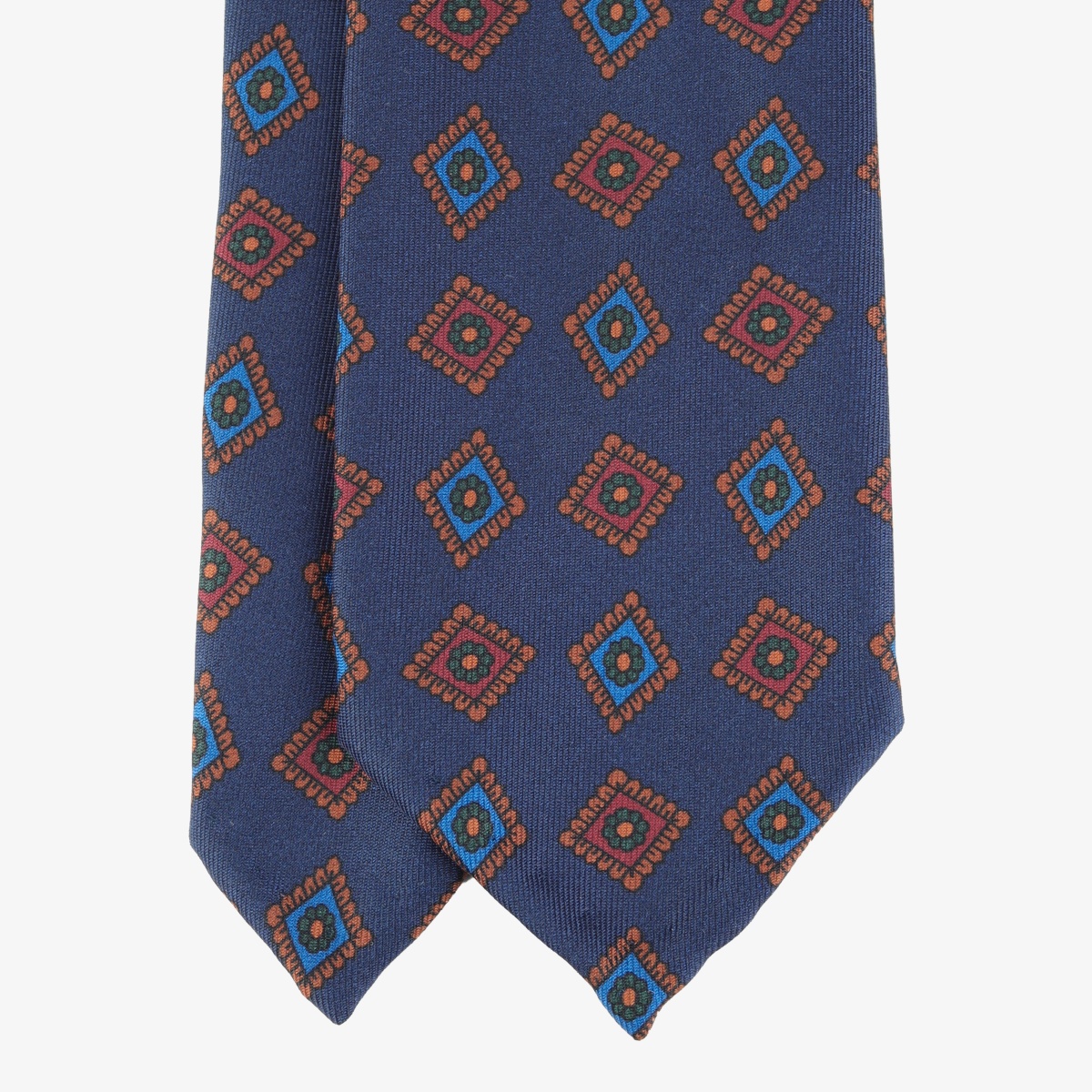 Shibumi Firenze navy ancient madder silk tie with orange and blue square pattern II