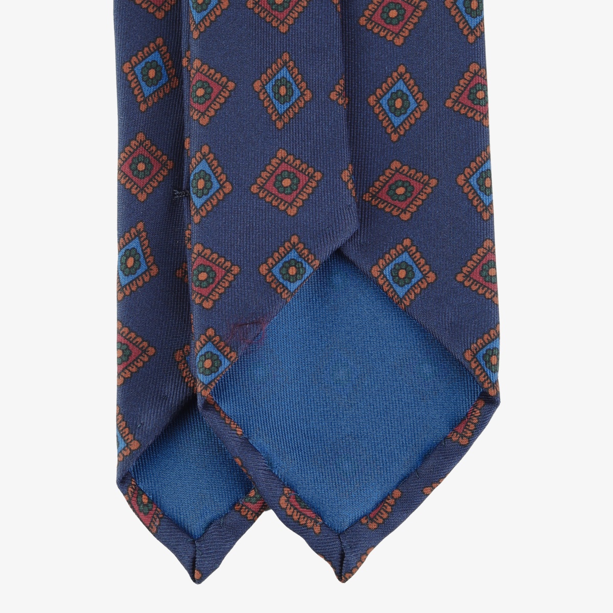 Shibumi Firenze navy ancient madder silk tie with orange and blue square pattern II