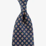 Shibumi Firenze tamsiai mėlynas šilkinis kaklaraištis su geltonų ir raudonų gėlių raštu