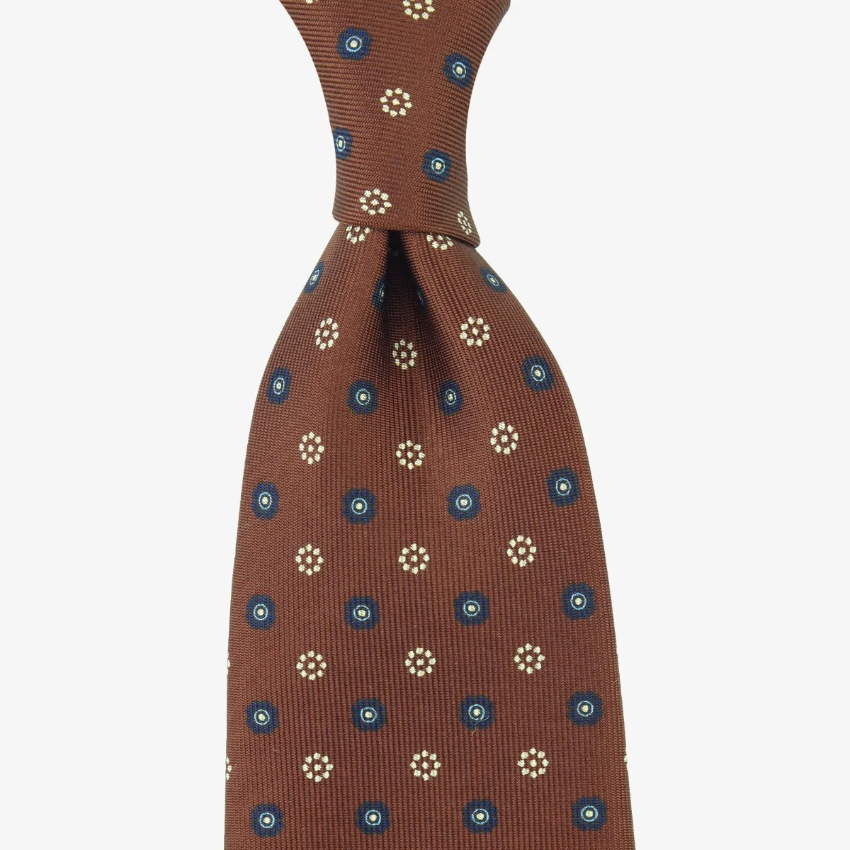 Shibumi Firenze oak brown silk tie with blue and white floral pattern