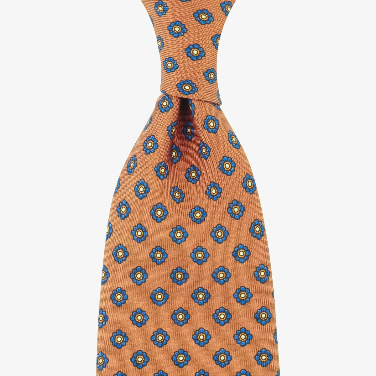 Shibumi Firenze ochre yellow silk tie with blue floral pattern