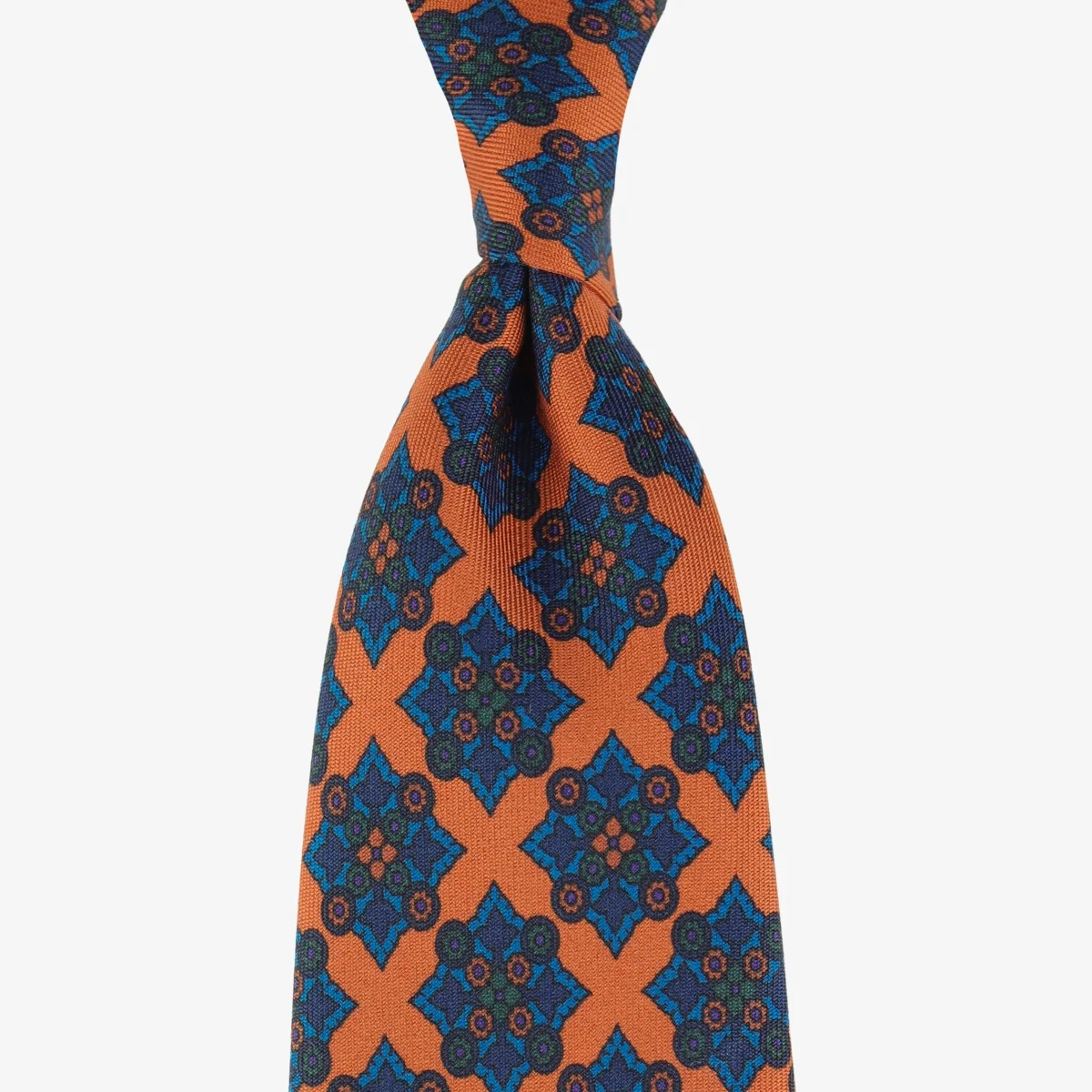 Shibumi Firenze orange Ancient Madder silk tie with blue medallion pattern
