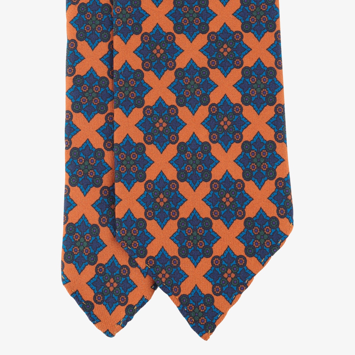 Shibumi Firenze orange Ancient Madder silk tie with blue medallion pattern