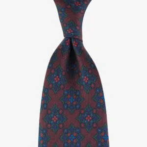 Shibumi Firenze red Ancient Madder silk tie with green and blue floral pattern