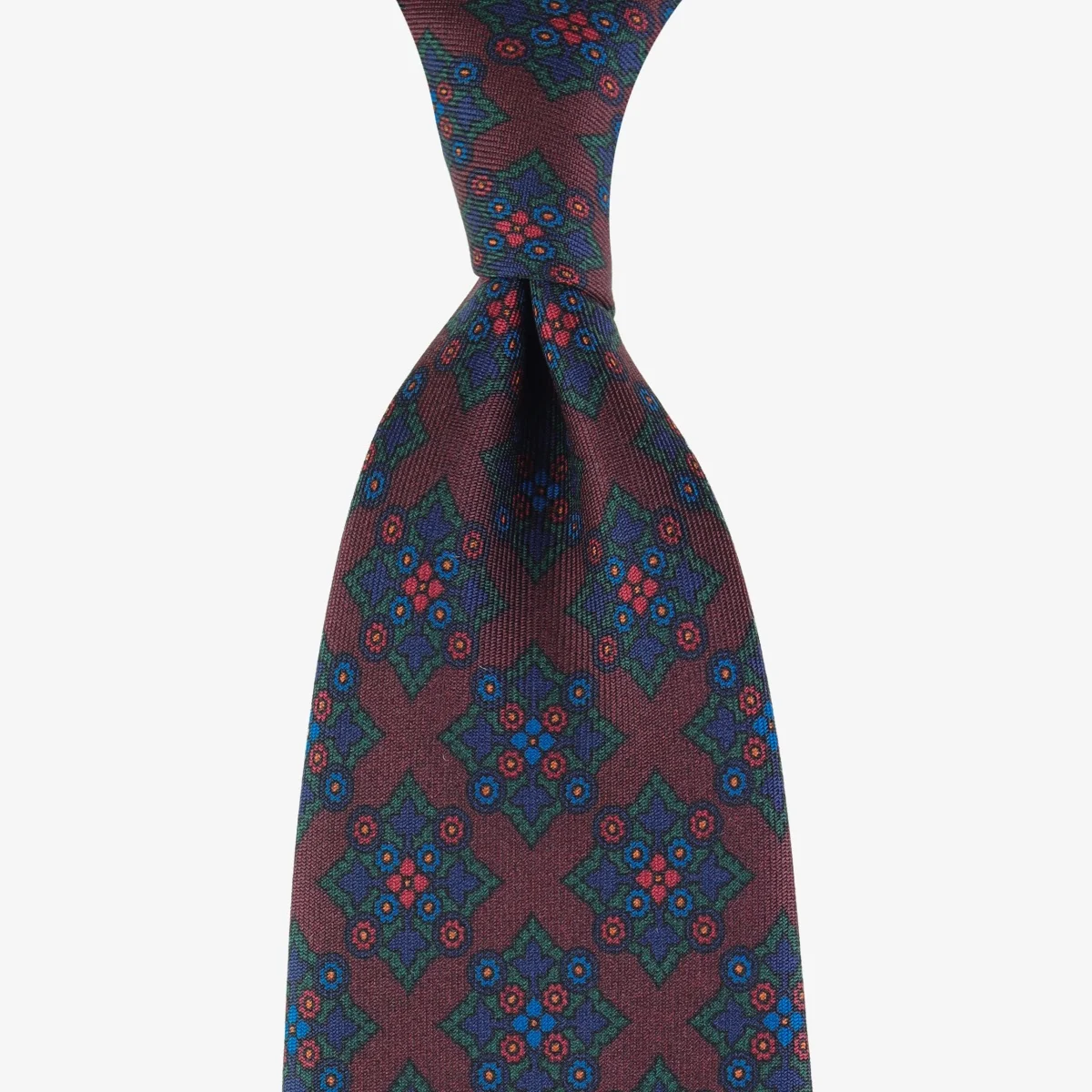 Shibumi Firenze red Ancient Madder silk tie with green and blue medallion pattern
