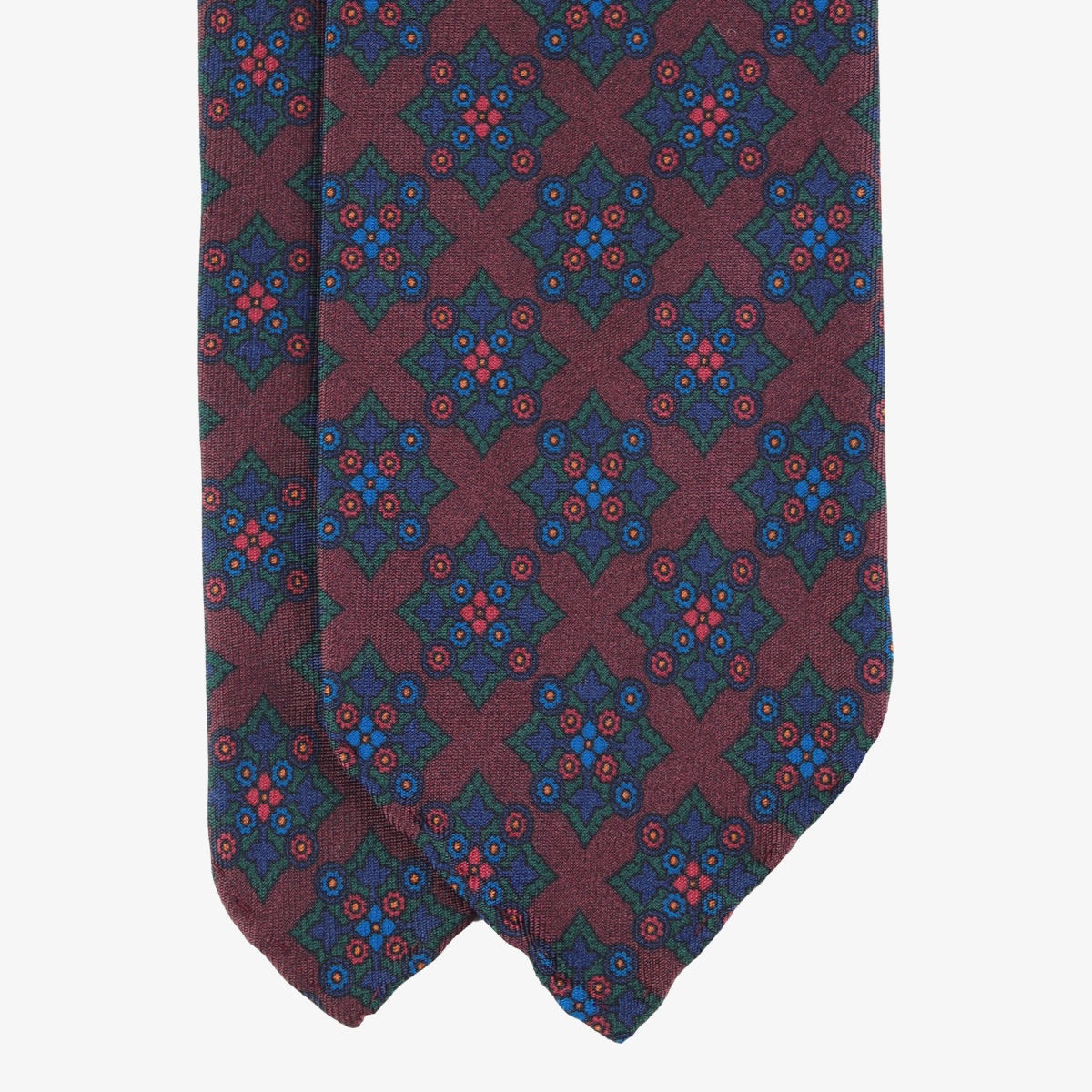 Shibumi Firenze red Ancient Madder silk tie with green and blue medallion pattern