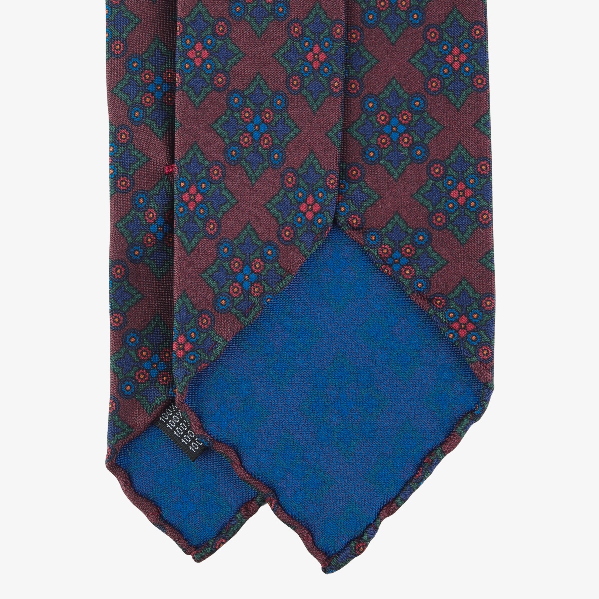 Shibumi Firenze red Ancient Madder silk tie with green and blue medallion pattern