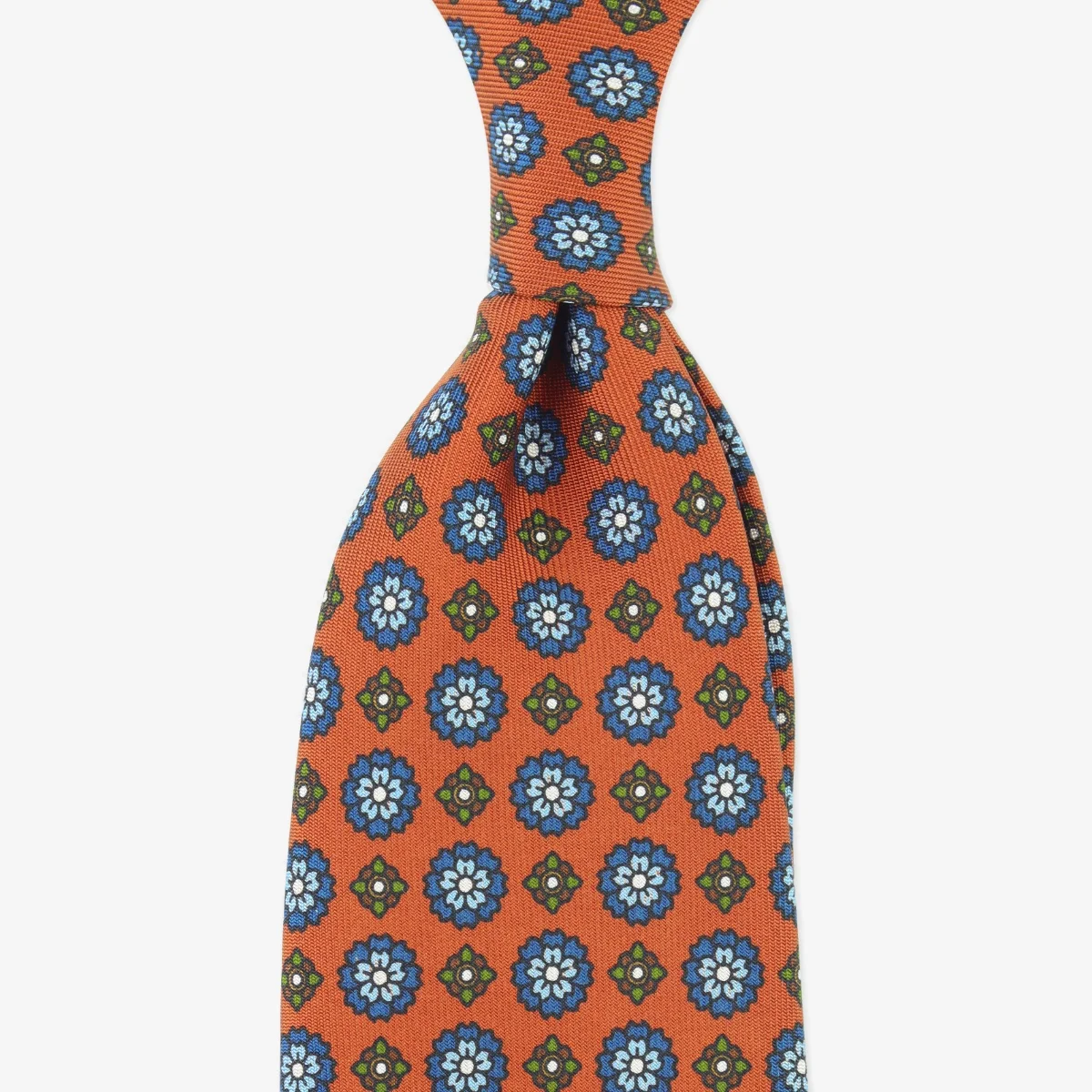 Shibumi Firenze rust orange silk tie with blue floral pattern