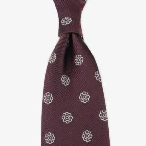 Shibumi Firenze wine Japanese jacquard repp silk tie with white floral pattern