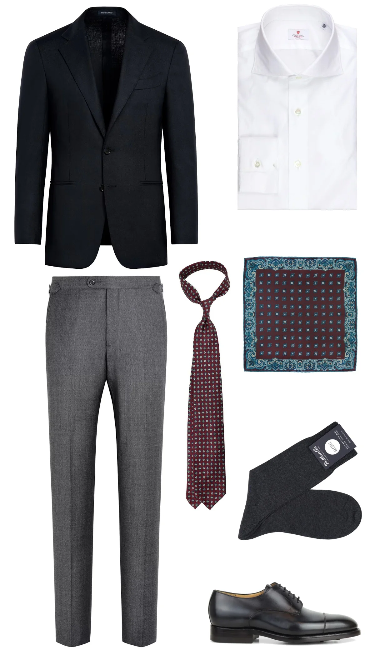 Navy blazer, white shirt,dark grey trousers and black derby shoes outfit