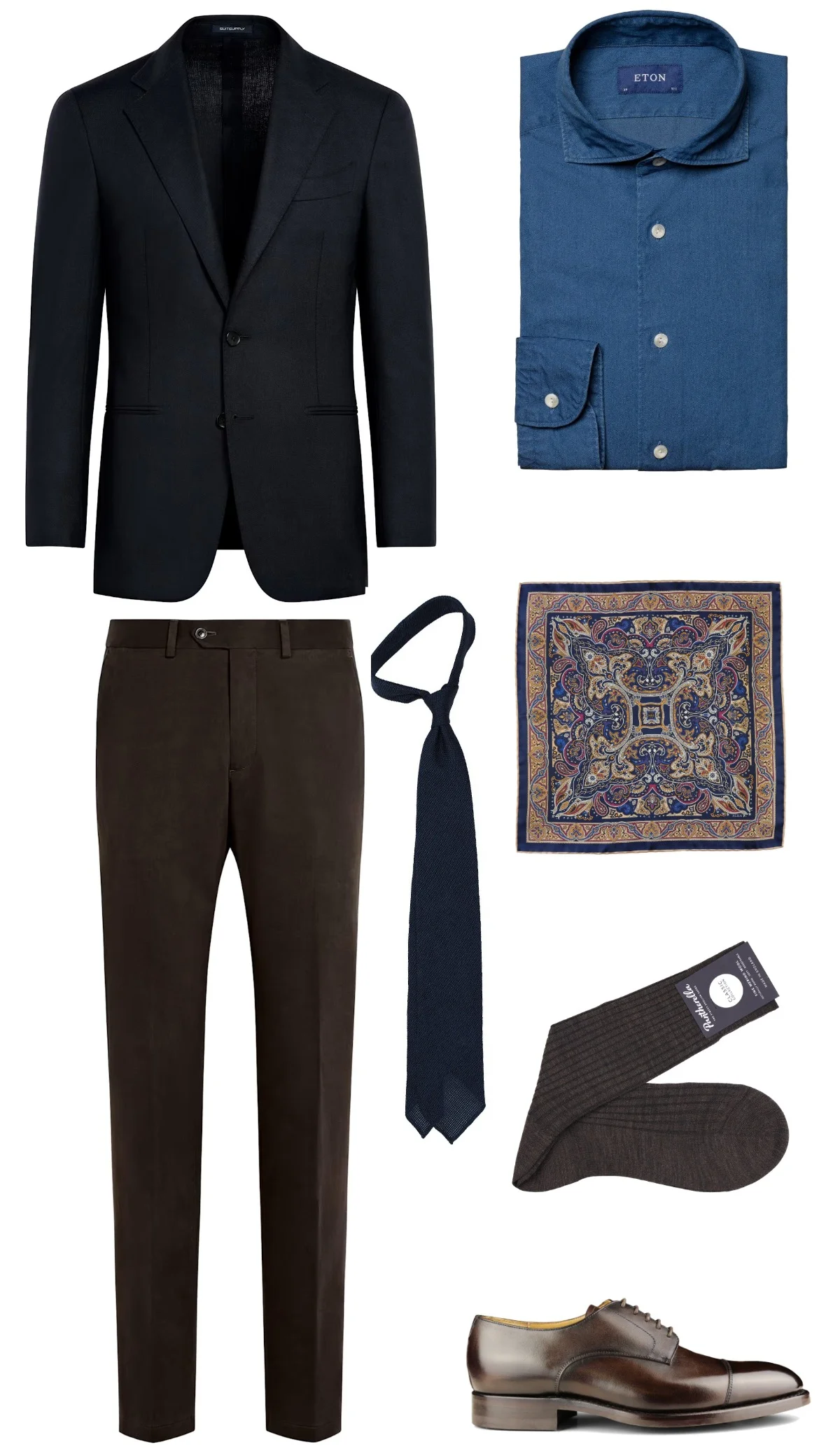 Navy blazer, dark blue denim shirt, dark brown trousers and dark brown derby shoes outfit