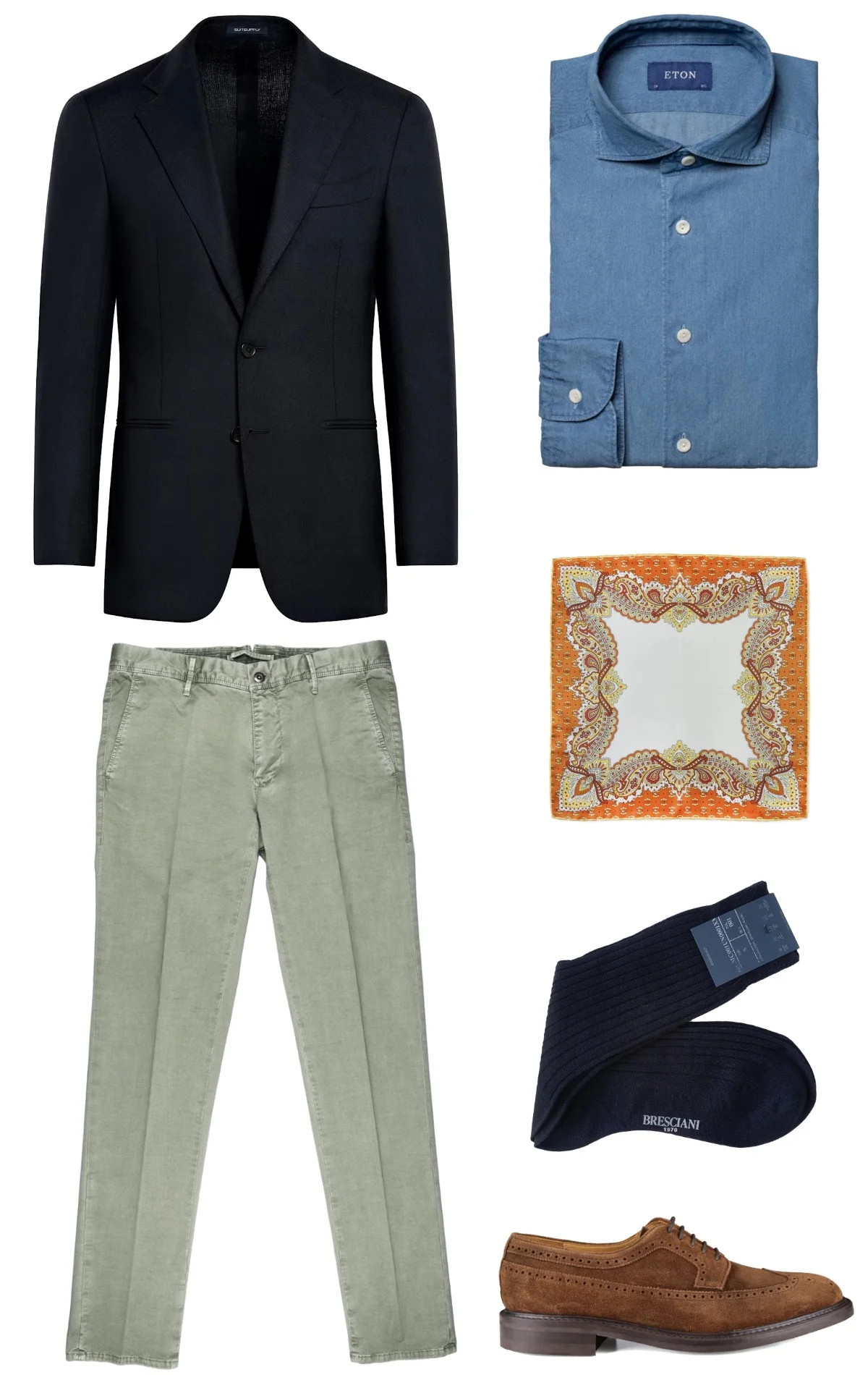 Navy blazer, light blue denim shirt, green chinos and suede brown brogue derby shoes outfit