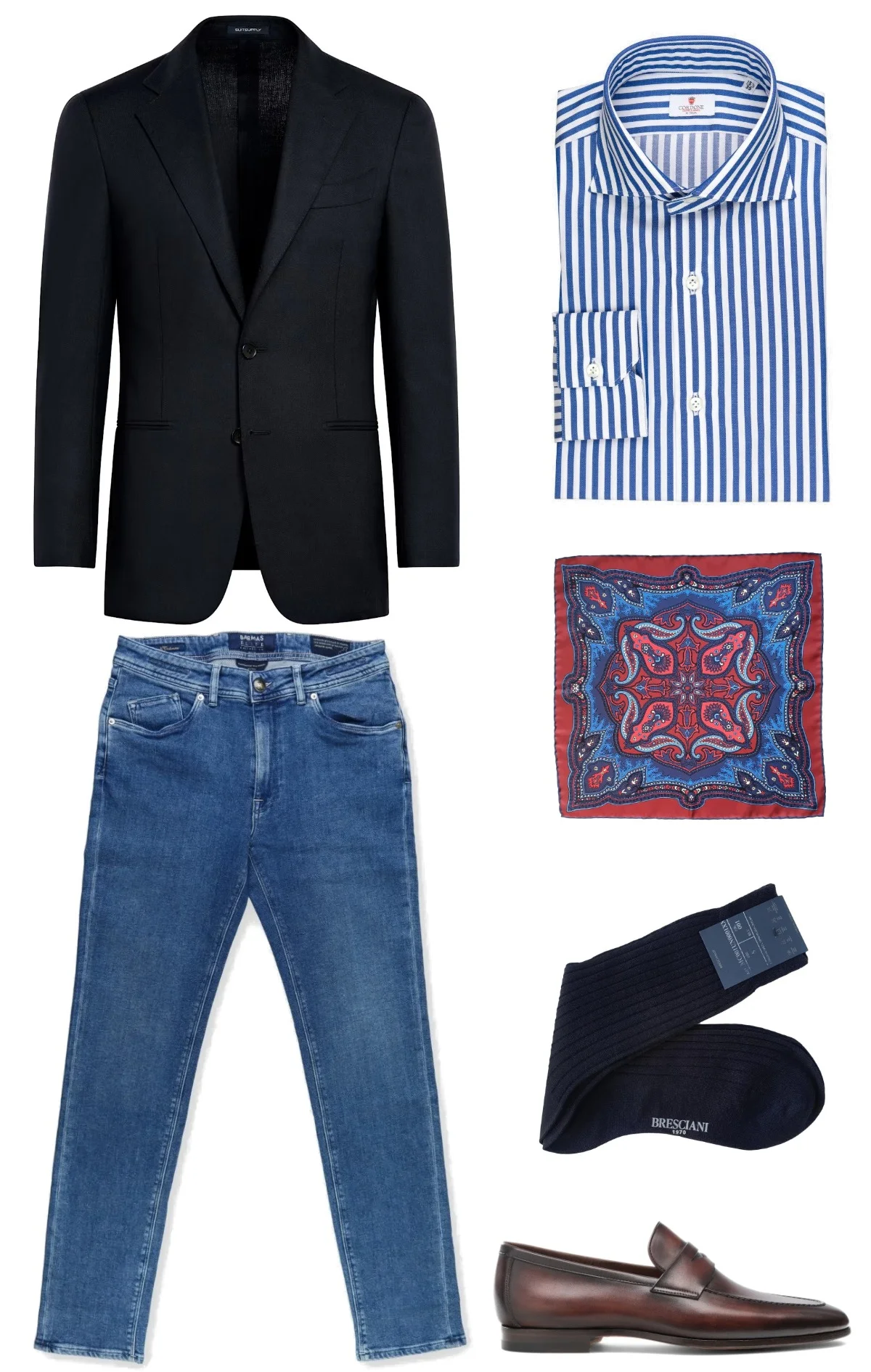 Navy blazer, blue bold striped shirt, blue jeans and dark mahogany penny loafers outfit