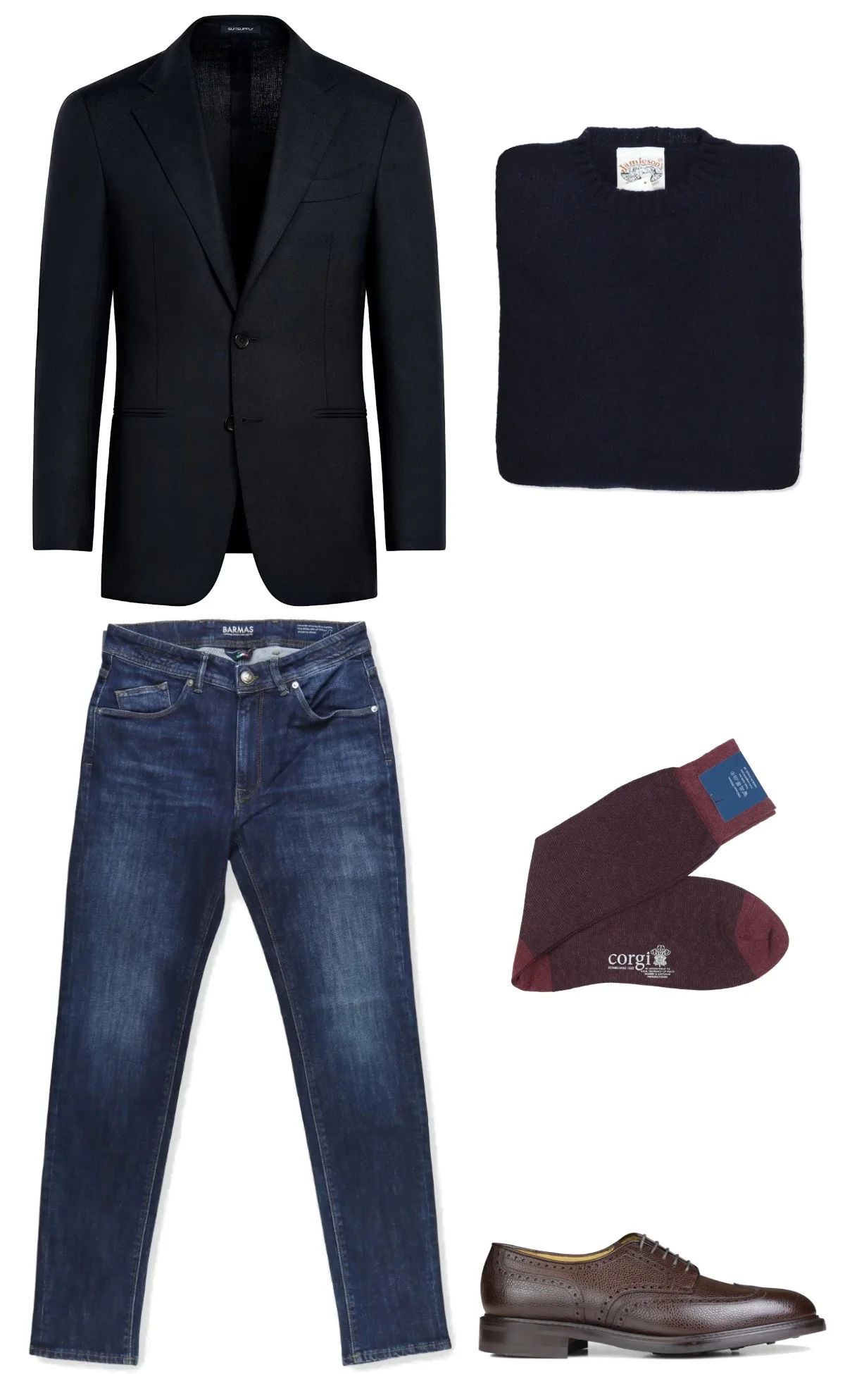 Navy blazer, navy wool sweater, navy jeans and dark brown brogue derby shoes outfit