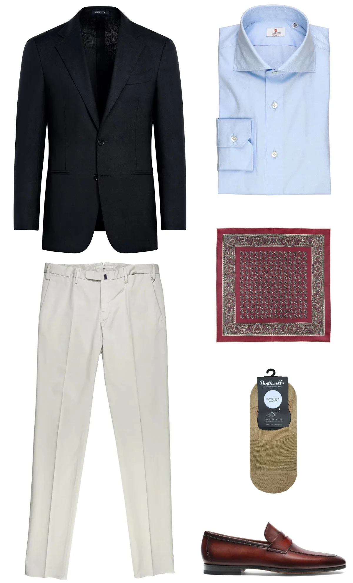 Navy blazer, light blue shirt, white chinos and dark mahogany penny loafers outfit