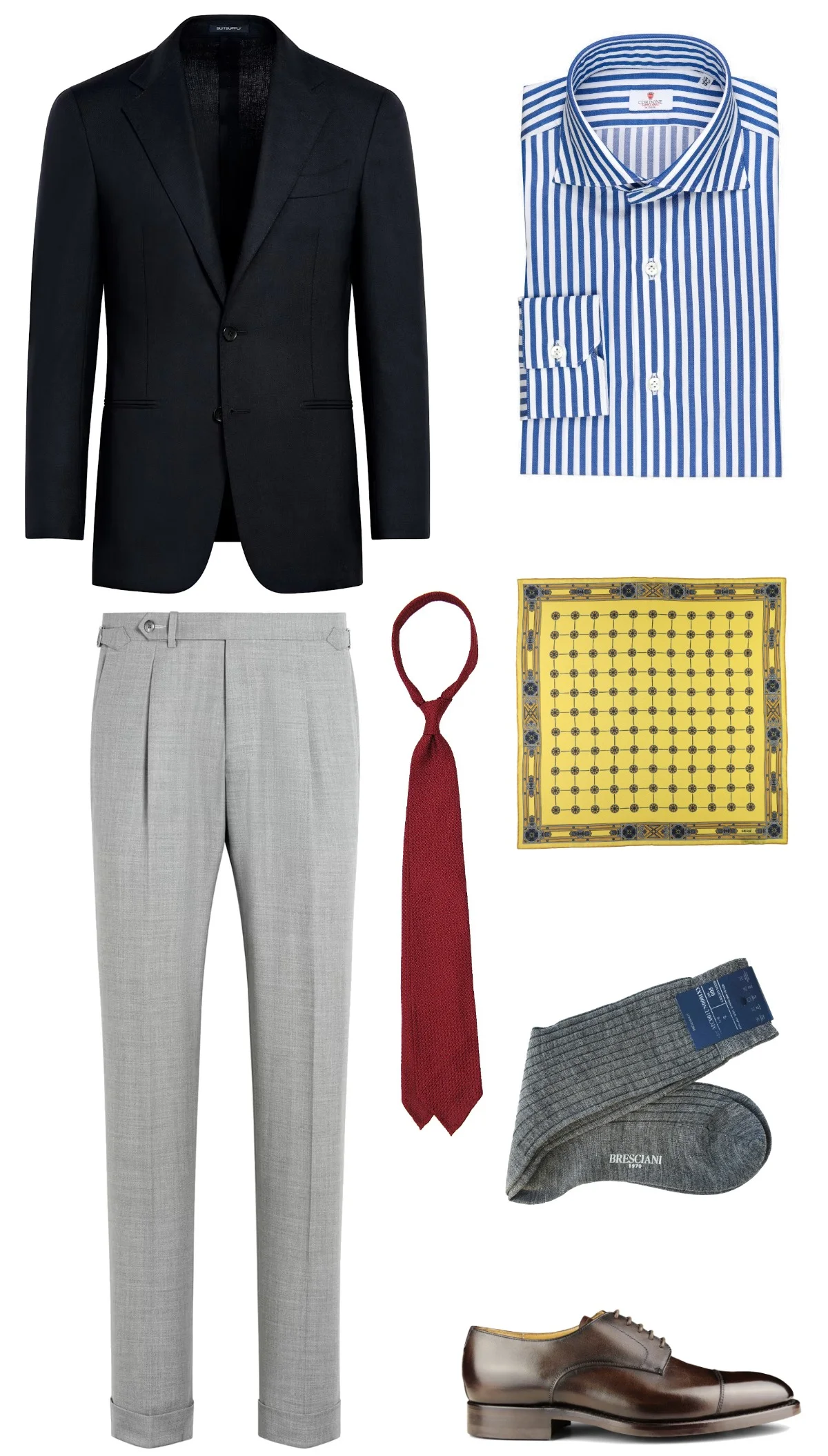 Navy blazer, blue bold stripe shirt, light grey trousers and dark brown derby shoes outfit